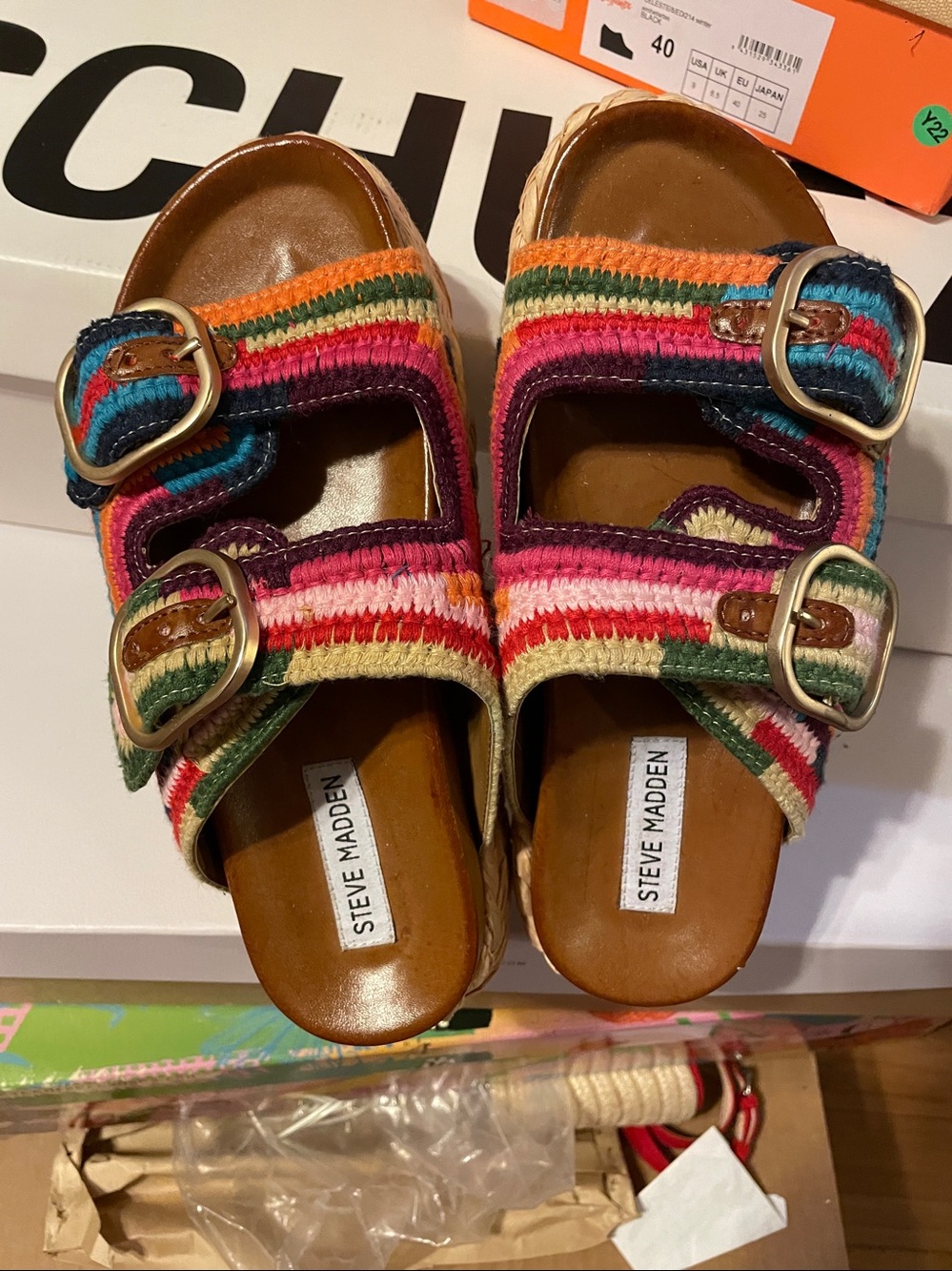 Steve Madden Multicolor Striped Embroidered Buckle Sandals - Picture 2 of 5